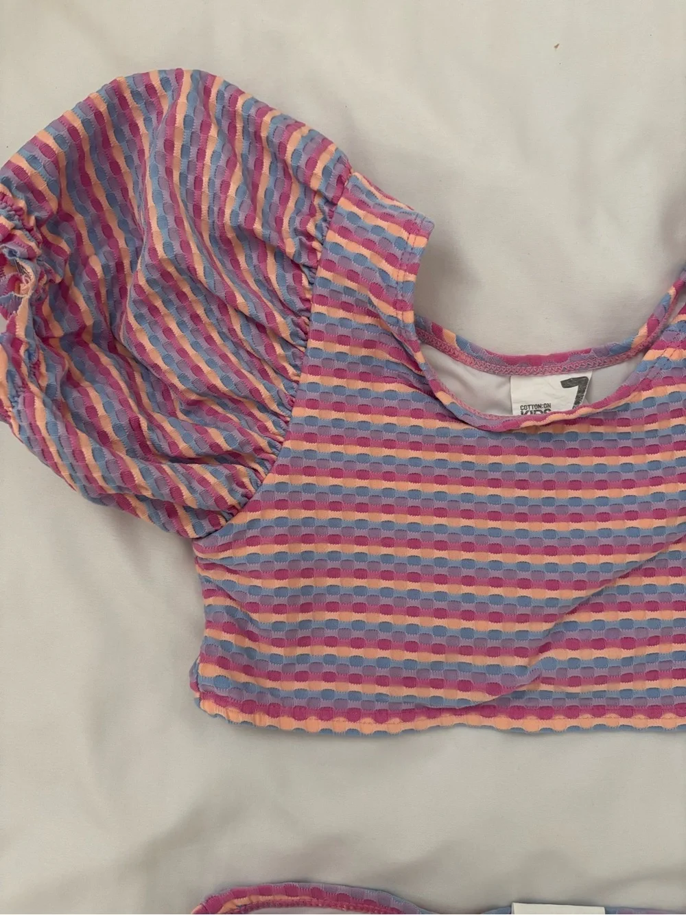 Cotton on Kids Striped Puff-Sleeve Two-Piece Swim Set in Pink, Purple & Blue
